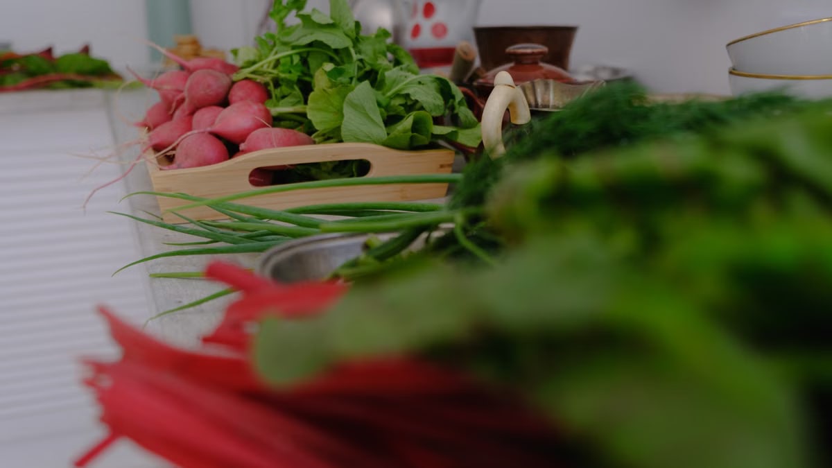 A variety of fresh vegetables including radishes and greens laid out on a kitchen countertop.